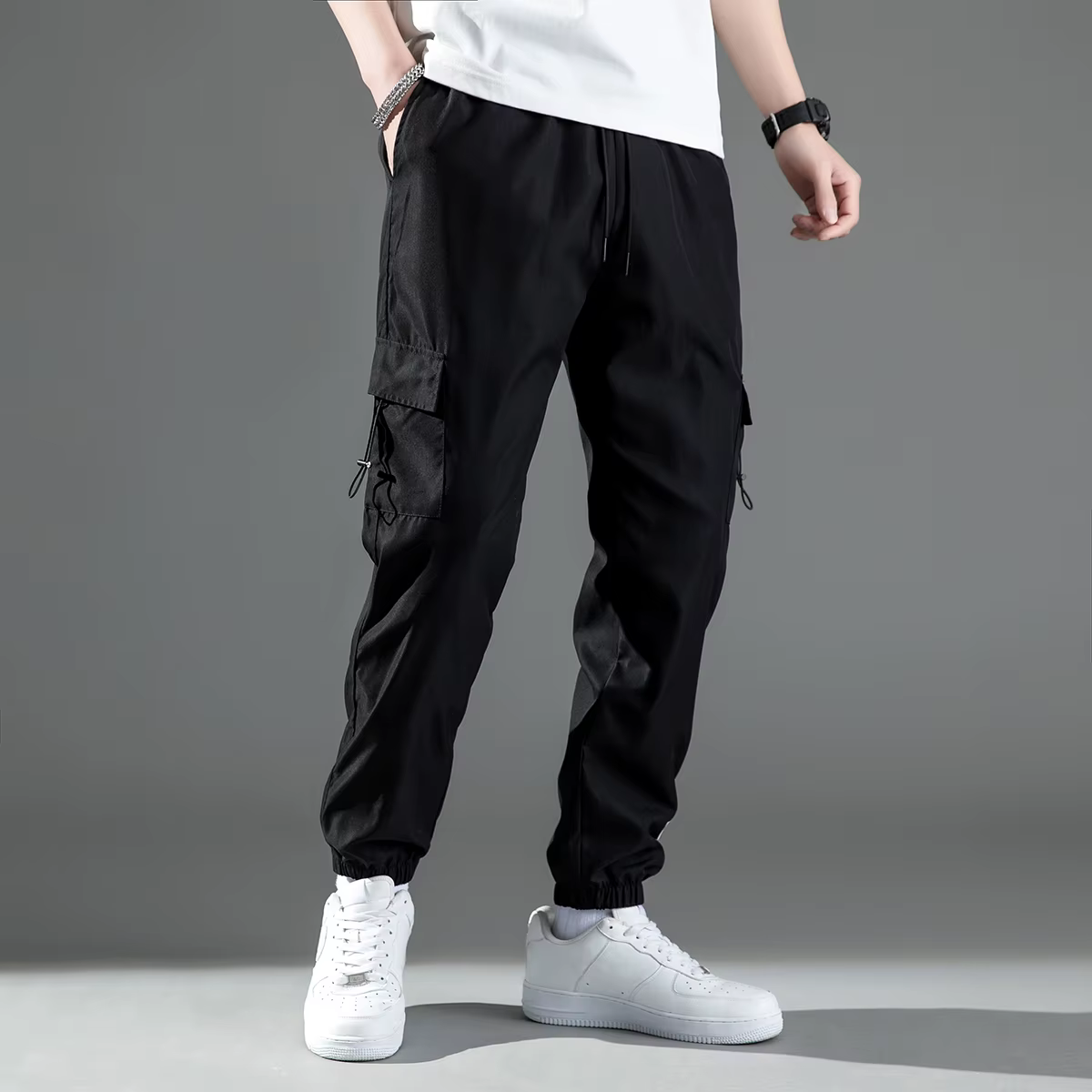 Mid Waist Stylish Drawstring Design Men Trouser Polyester Overalls Thermal for Dating Cargo Pants Po