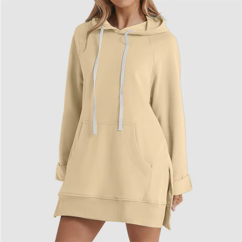 Robe à capuche pour femmes, ourlet fendu, cordon de serrage, ample avec grande poche, pull à capuche