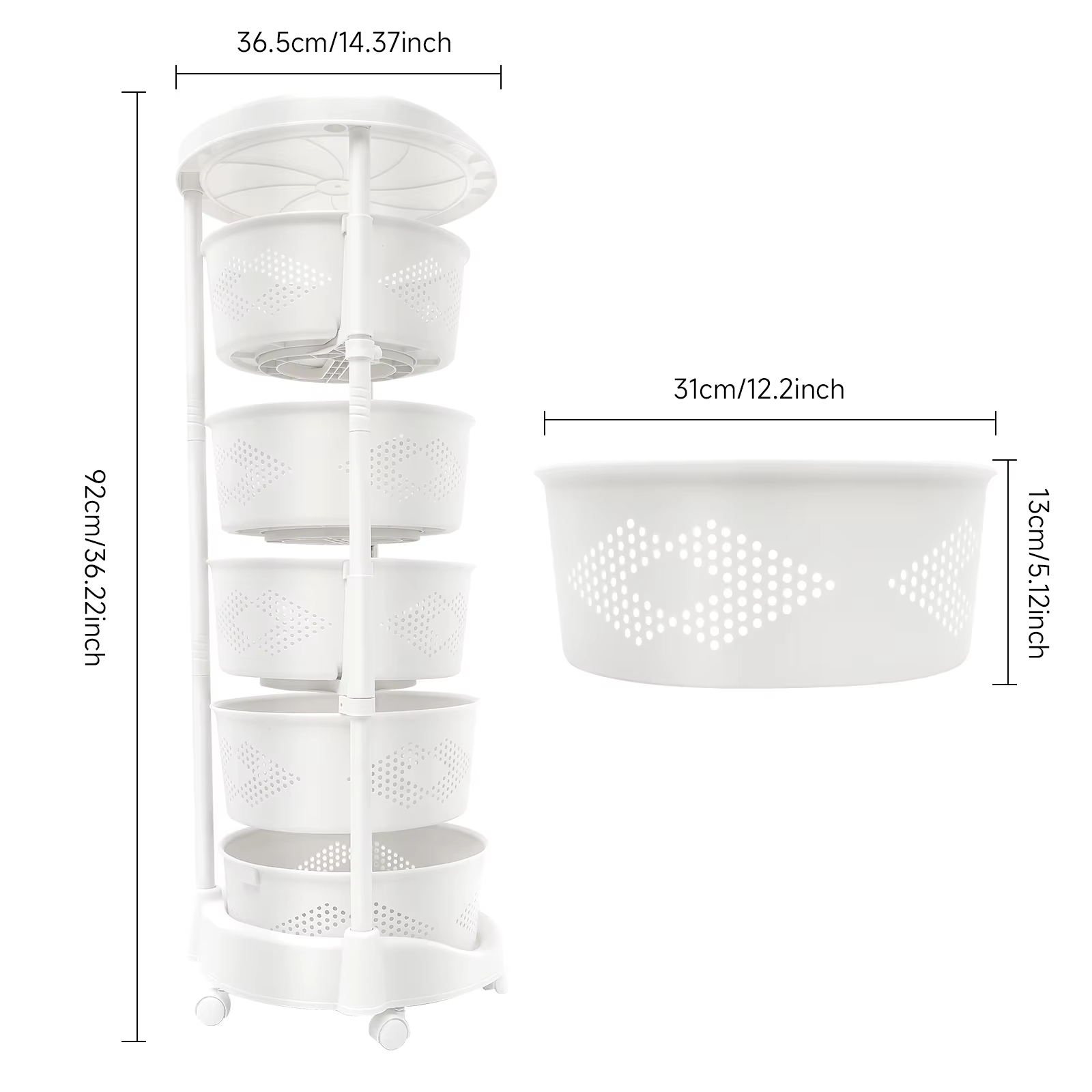 Mir de Rangement de Cuisine Multifonctionnel à 5 Niveaux, Blanc, Rotatif, à Roulettes, pour Légumes