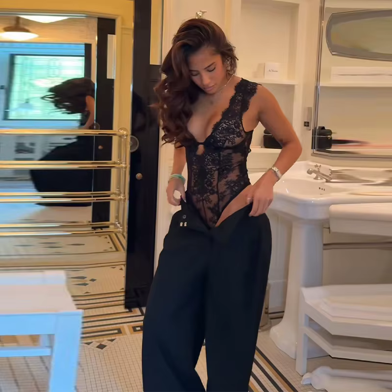Body en dentelle pour femme, vêtements sexy, sans manches, col en V profond, maille transparente, él