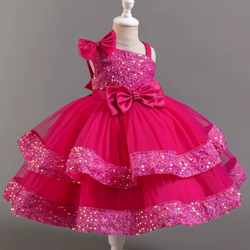 Robe de princesse en maille pour filles, avec nœud à paillettes, col irrégulier, pour fête d'anniver