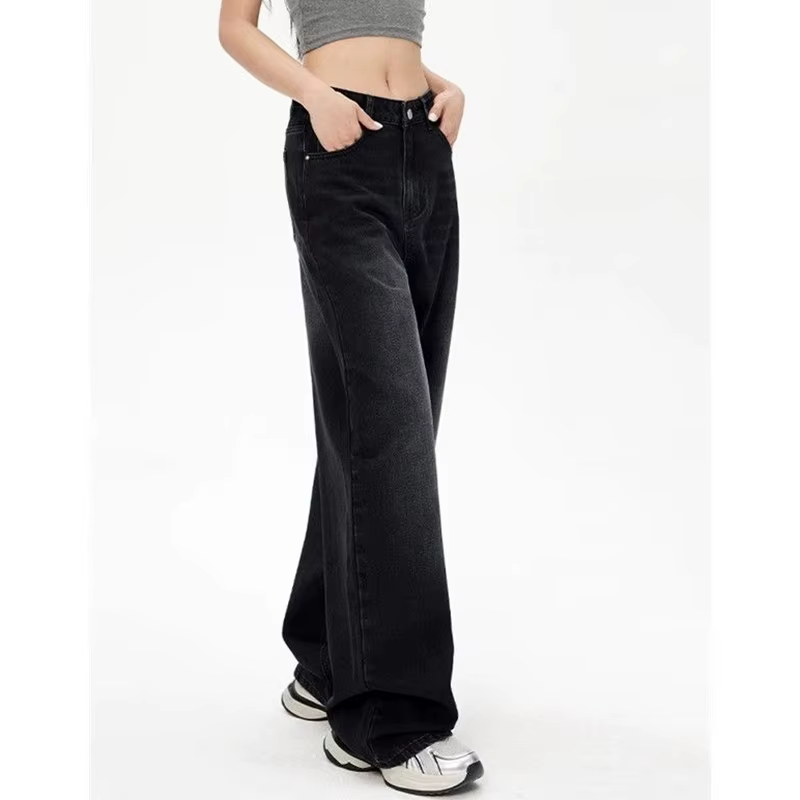 Jean taille haute rétro noir gris pour femme, pantalon en Denim à jambes droites, coupe ample, fin,