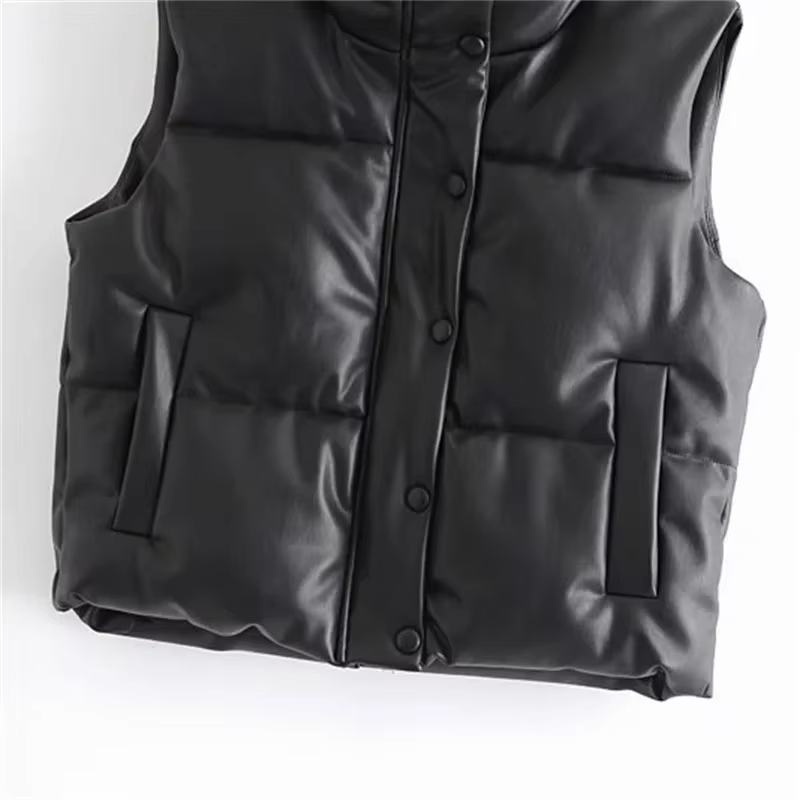 Veste en similicuir PU pour femme, gilet en duvet, PU noir, glaçure bouffante, parkas optiques, stre
