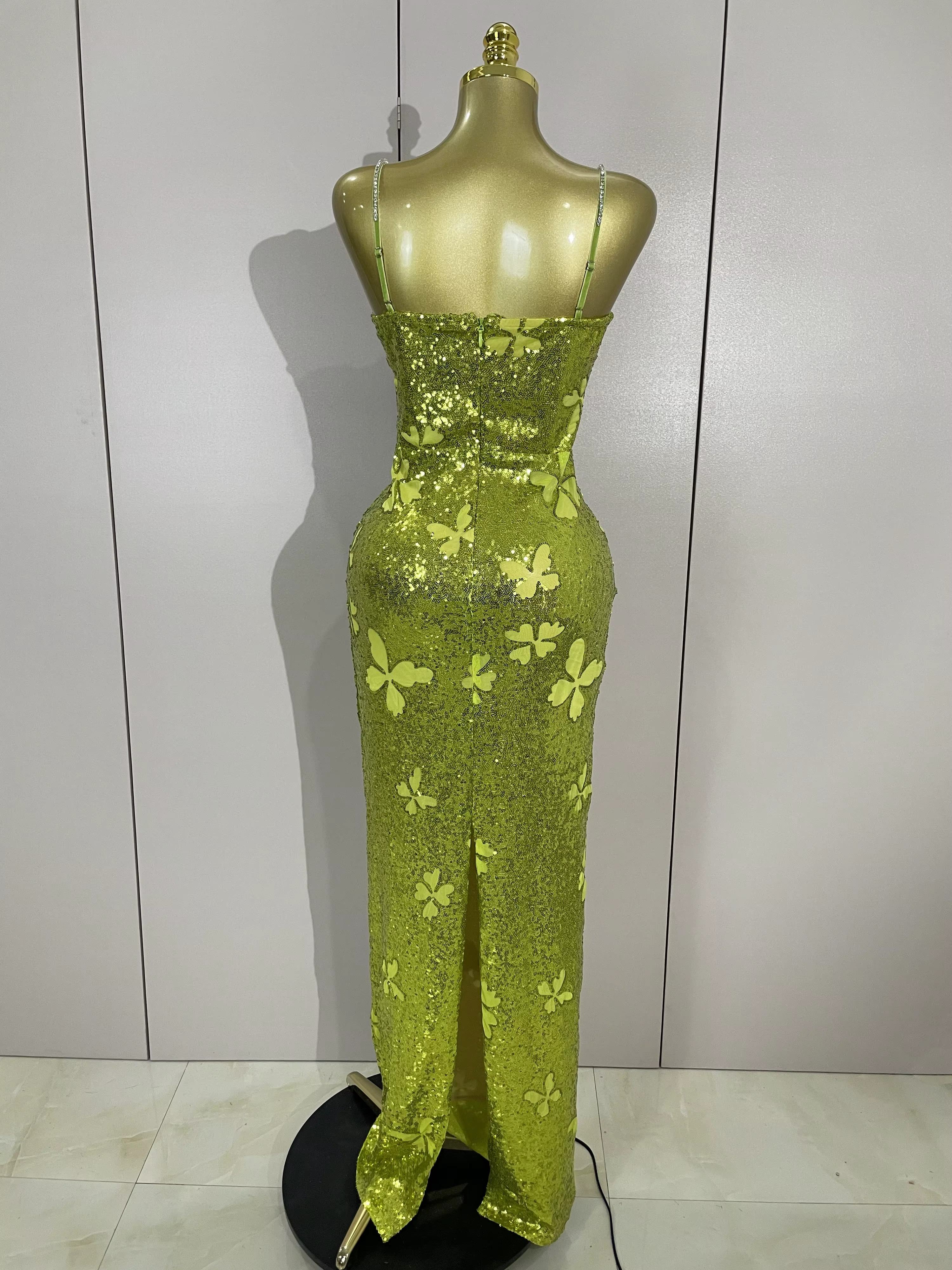 Élégant brillant papillon cristal Sexy licou vert moulante longue robe femmes célébrer soirée fête d