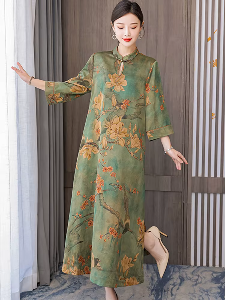 Robe maxi verte à manches longues pour femmes, col montant, vintage coréen, luxe élégant, automne, h