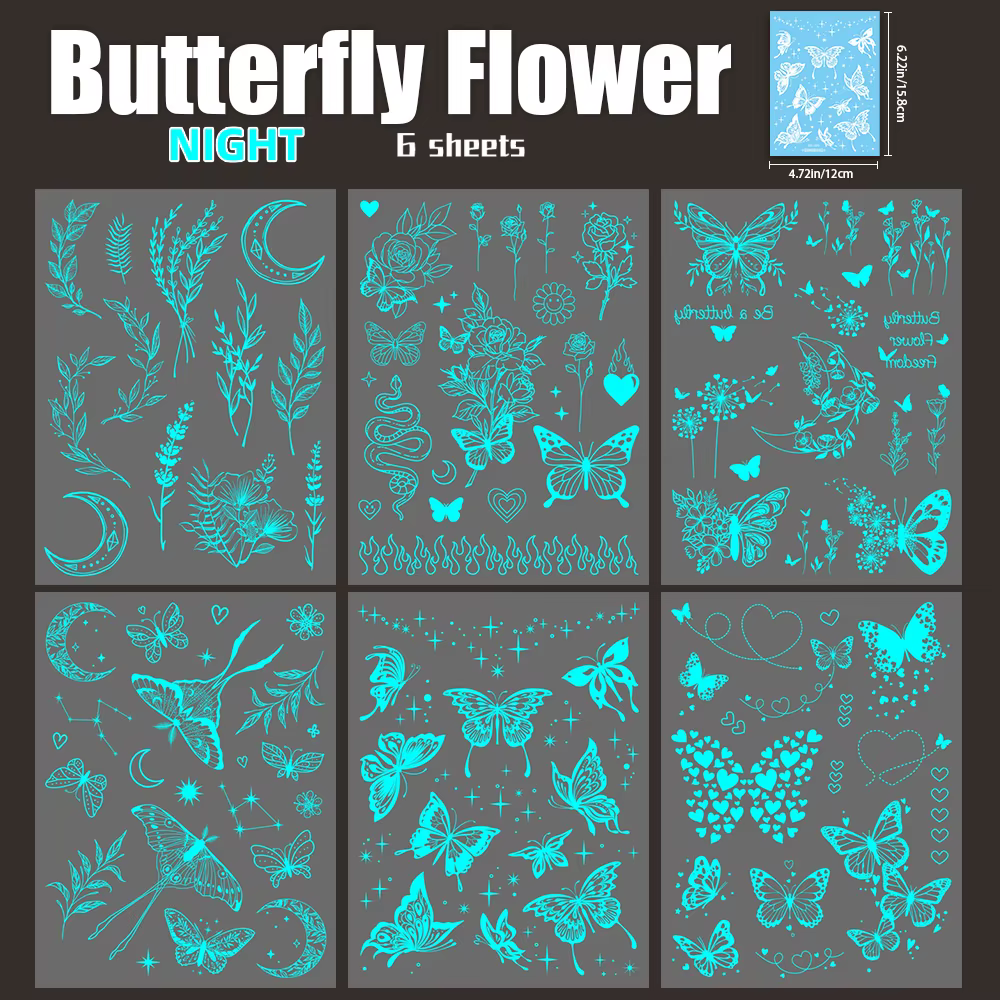 Autocollants de tatouage de fleurs de papillon lumineuses bleues, 6 feuilles, brillent dans la nuit,