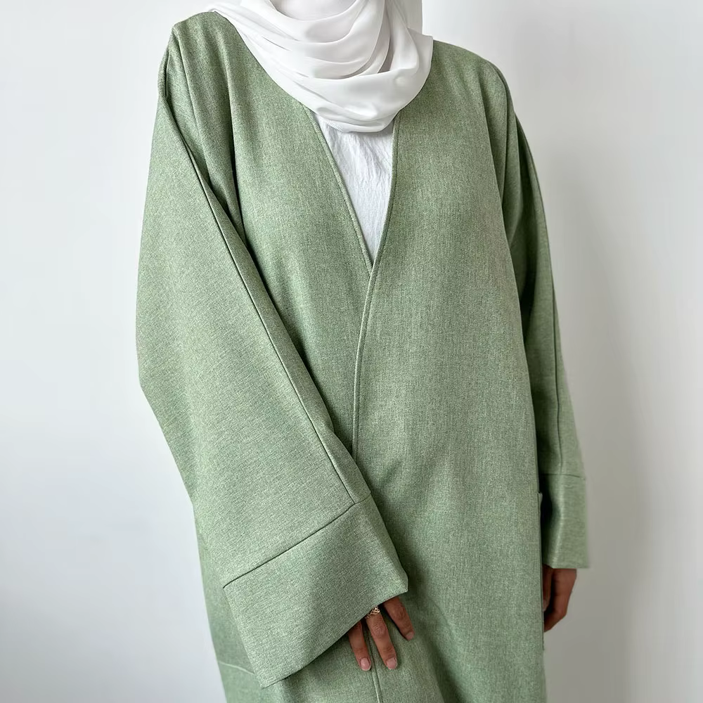 Abaya en lin avec poches pour femmes musulmanes, robe kimono ouverte, vêtements islamiques, modeste,