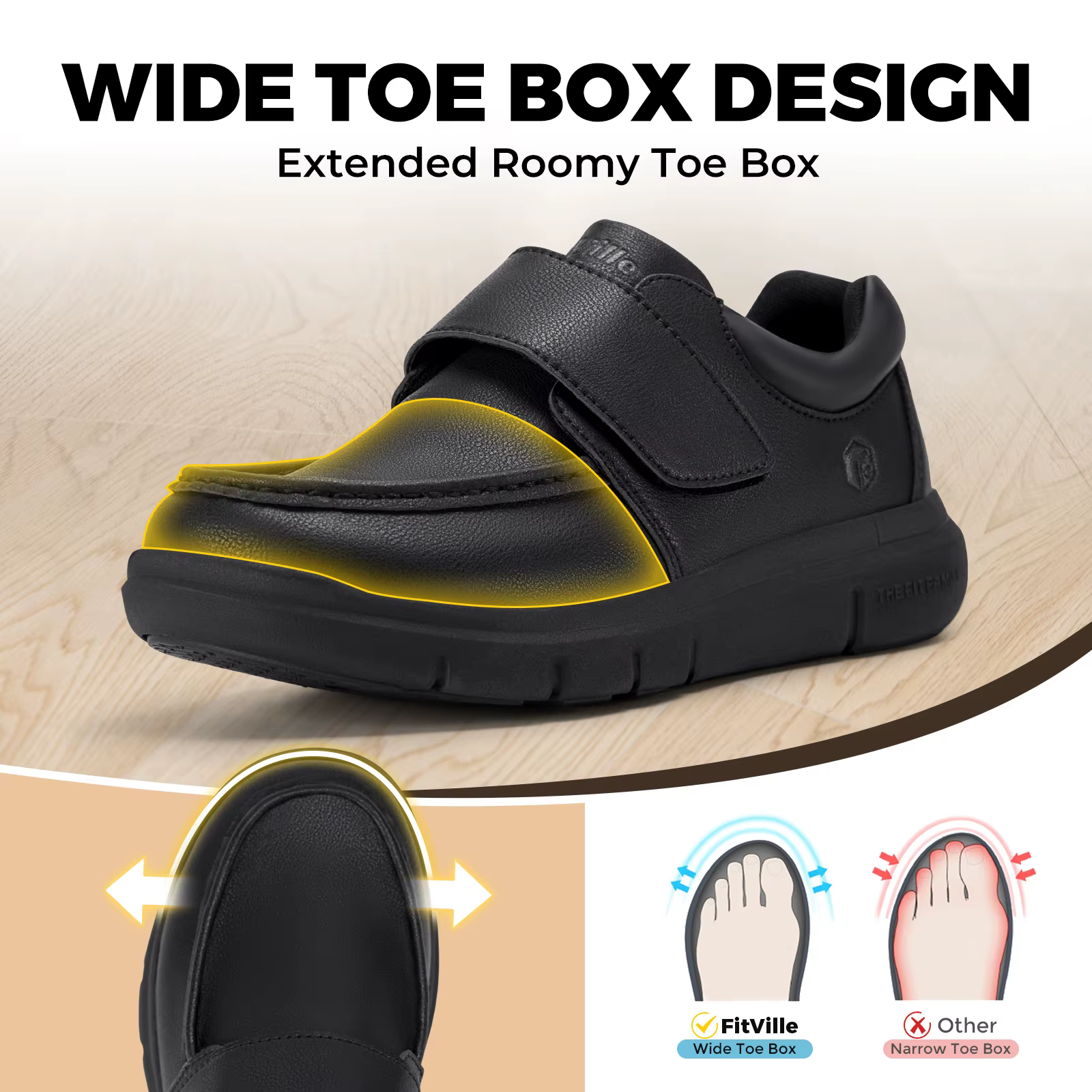 FitVille-Chaussures en cuir à coupe large pour hommes, chaussures de marche pour diabétiques, chauss