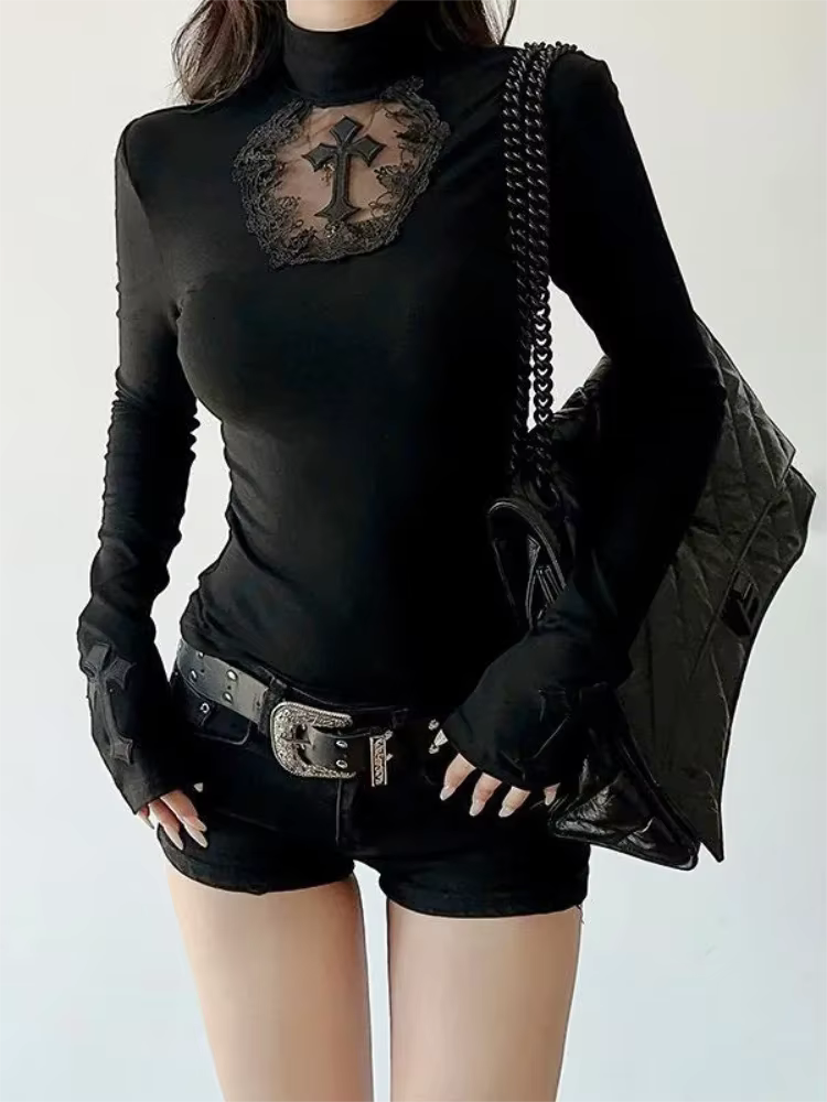 T-shirt col roulé Y2K noir gothique à croix évidée, coupe ajustée, manches longues, sexy, pour femme