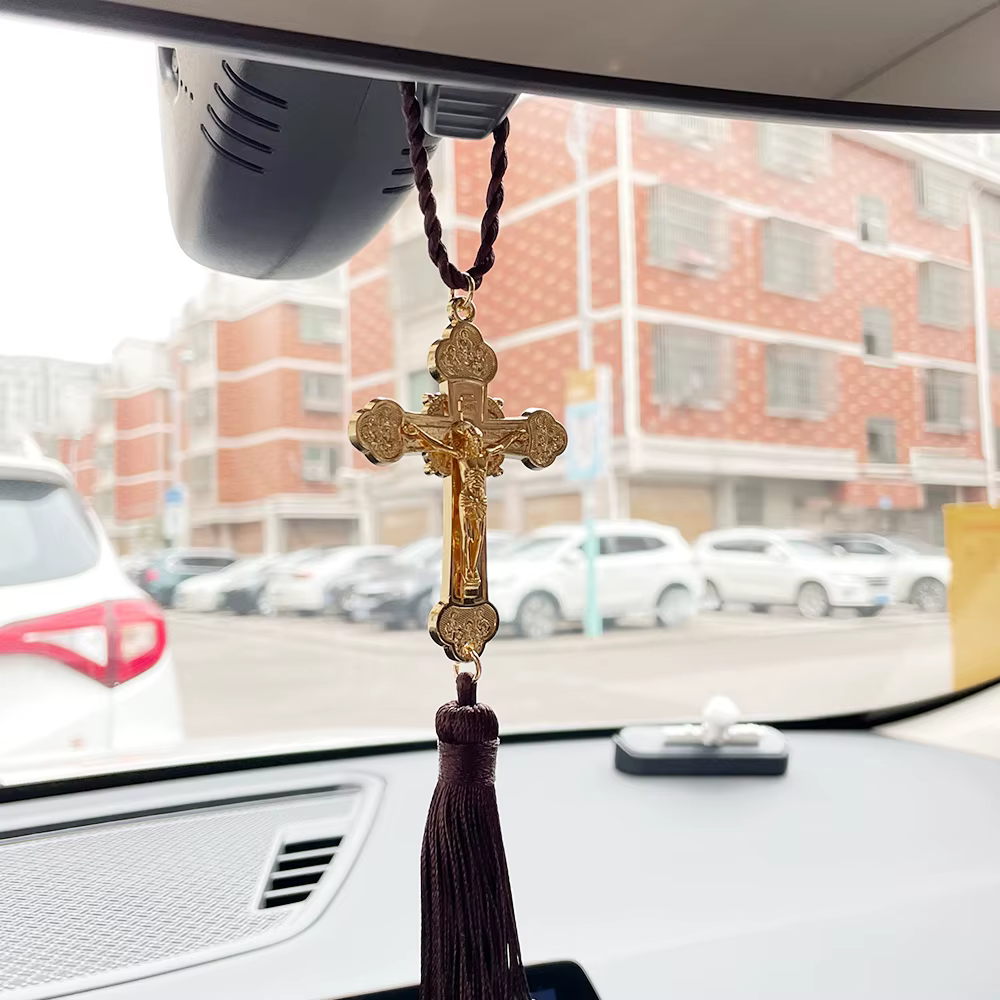HTISOK Pendentif croix orthodoxe Jésus Statue du Christ Crucifix Pendentif de voiture Décor religieu