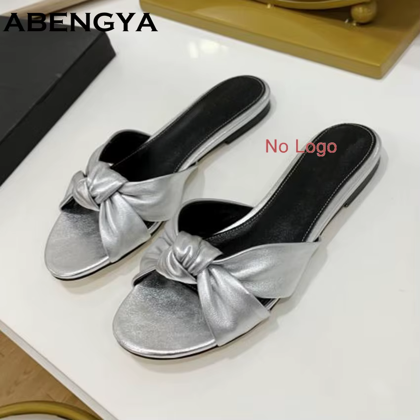New Leather Flat Slippers Women Peep Toe Slides Summer Holiday Beach Shoes Woman Dress Slippers Wome