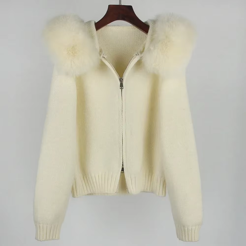 Veste courte tricotée avec manteau en fourrure naturelle pour femme, manteau décontracté à capuche, 