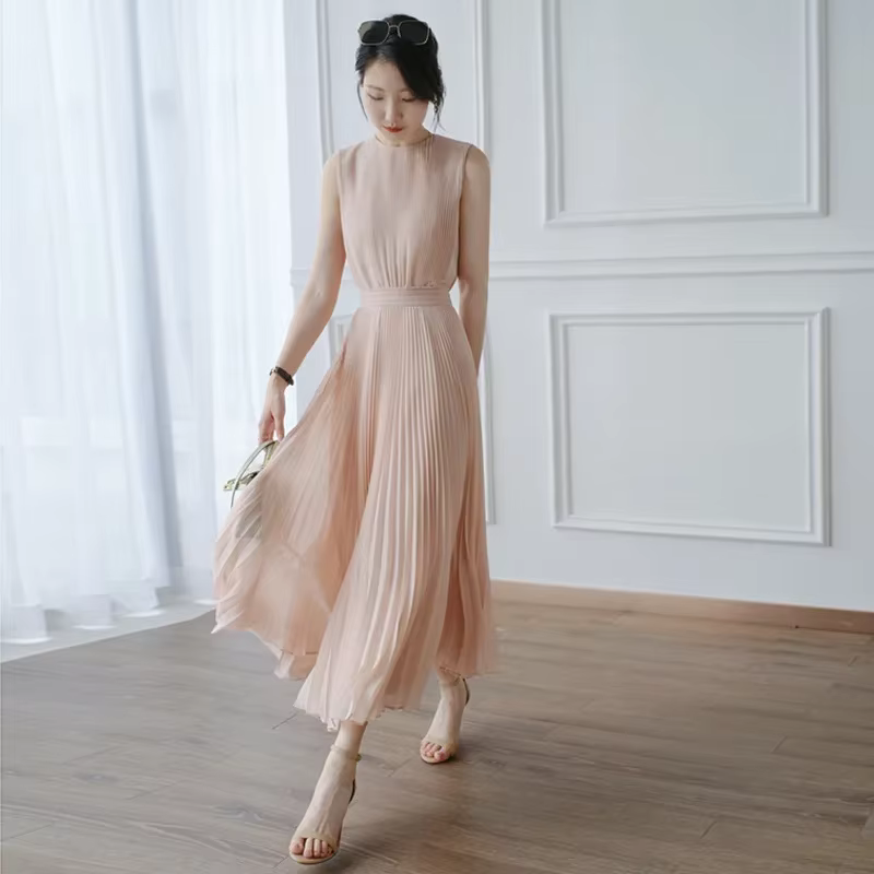 Robe longue plissée en mousseline de soie rose pour femme, tenue de soirée, tenue de bureau, sans ma