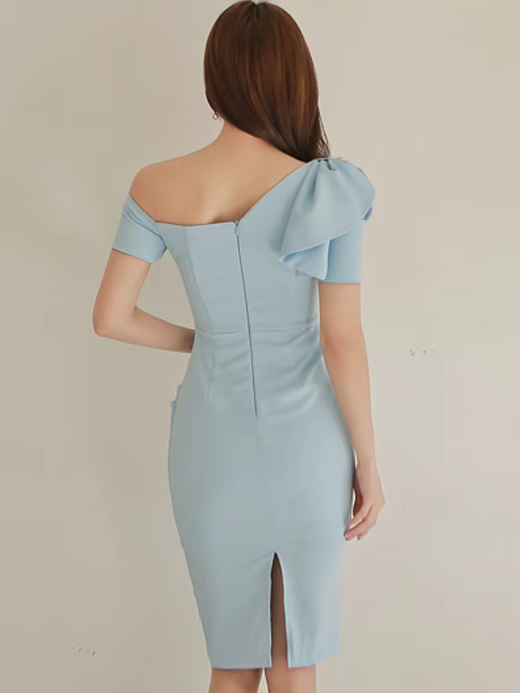 Robe de soirée élégante bleu ciel pour femmes, style coréen, sans bretelles, dos nu, sexy, col alert