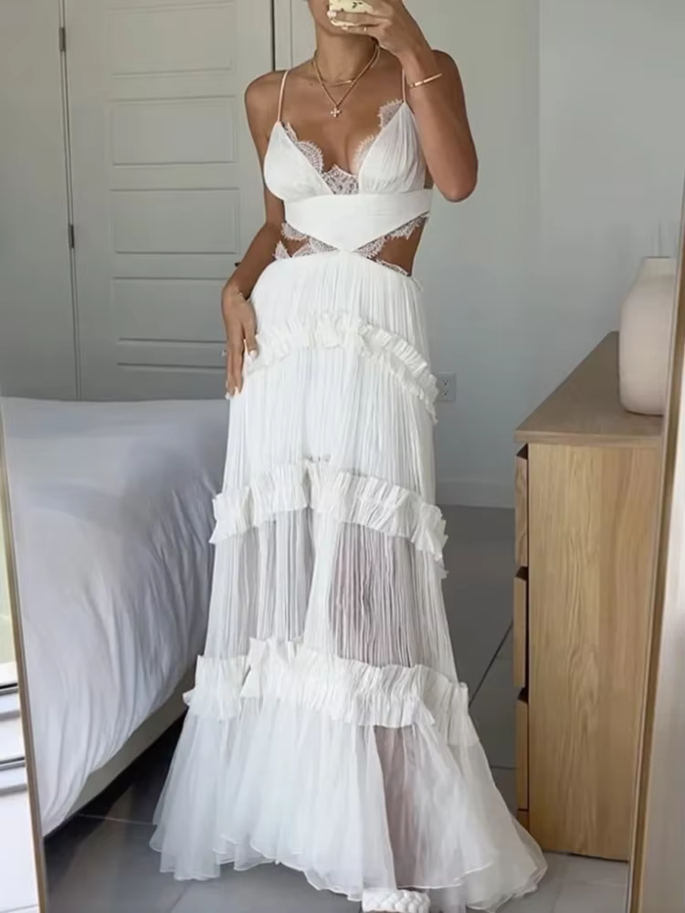 Robe longue en dentelle, couleur unie, col en V, Sexy, bretelles, sans manches, coupe, dos nu, trans
