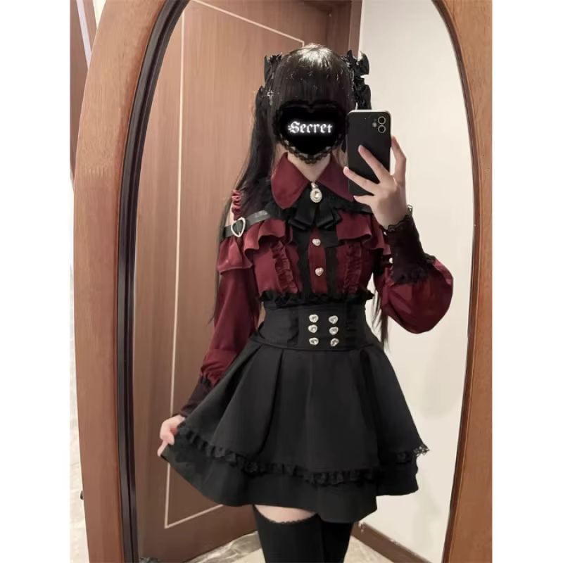 Ensemble Lolita pour femmes, haut en maille et jupe cintrée à la taille, cordon de Style de rue japo