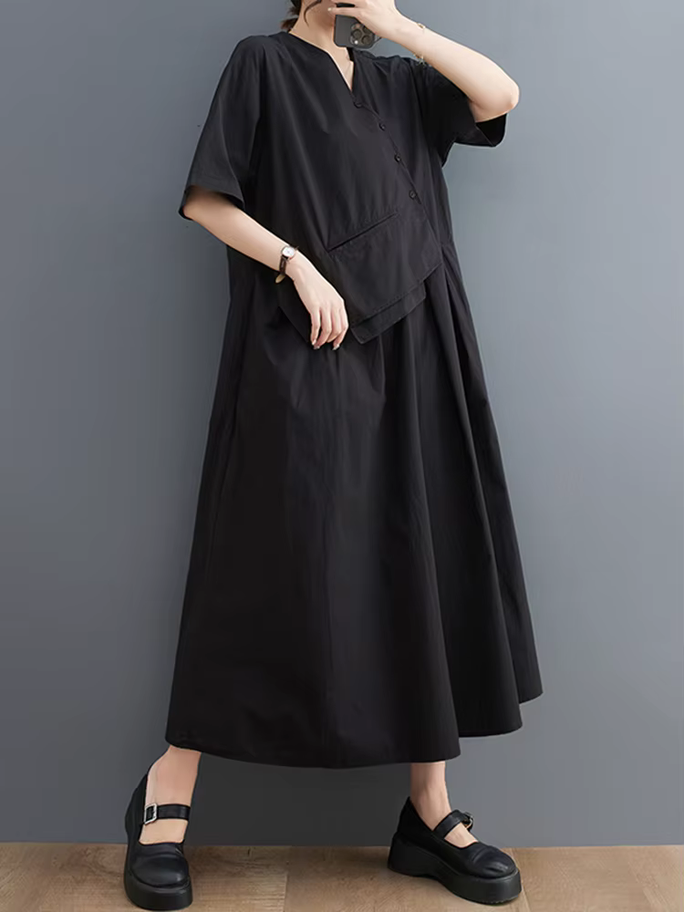Robe longue décontractée kaki vintage patchwork à manches courtes pour femme, style coréen, nouvelle