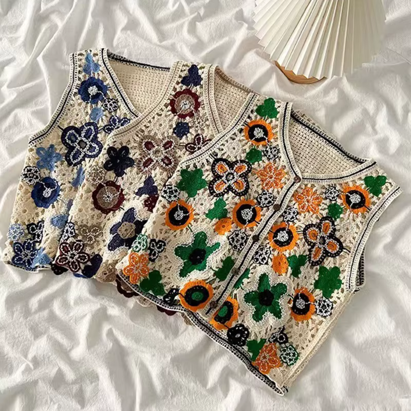 Femmes Vintage creux Crochet tricot gilet gilet ethnique perlé broderie coloré Floral sans manches c