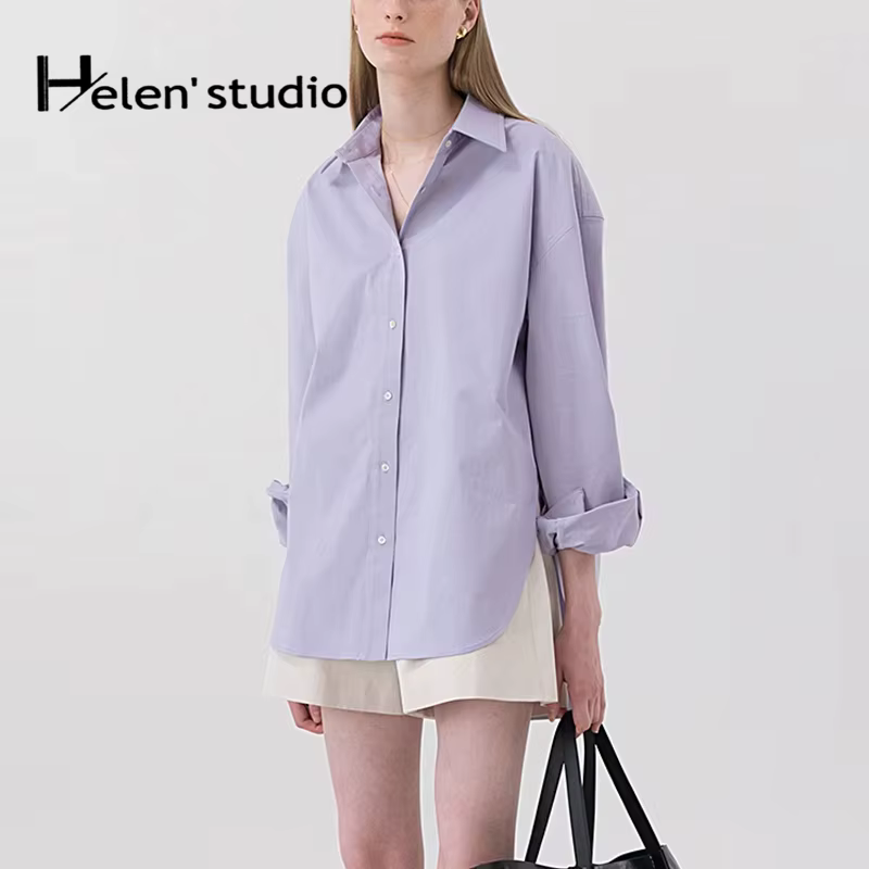 Chemise ample 100% coton pour femme, élégante et décontractée, col rabattu, manches longues