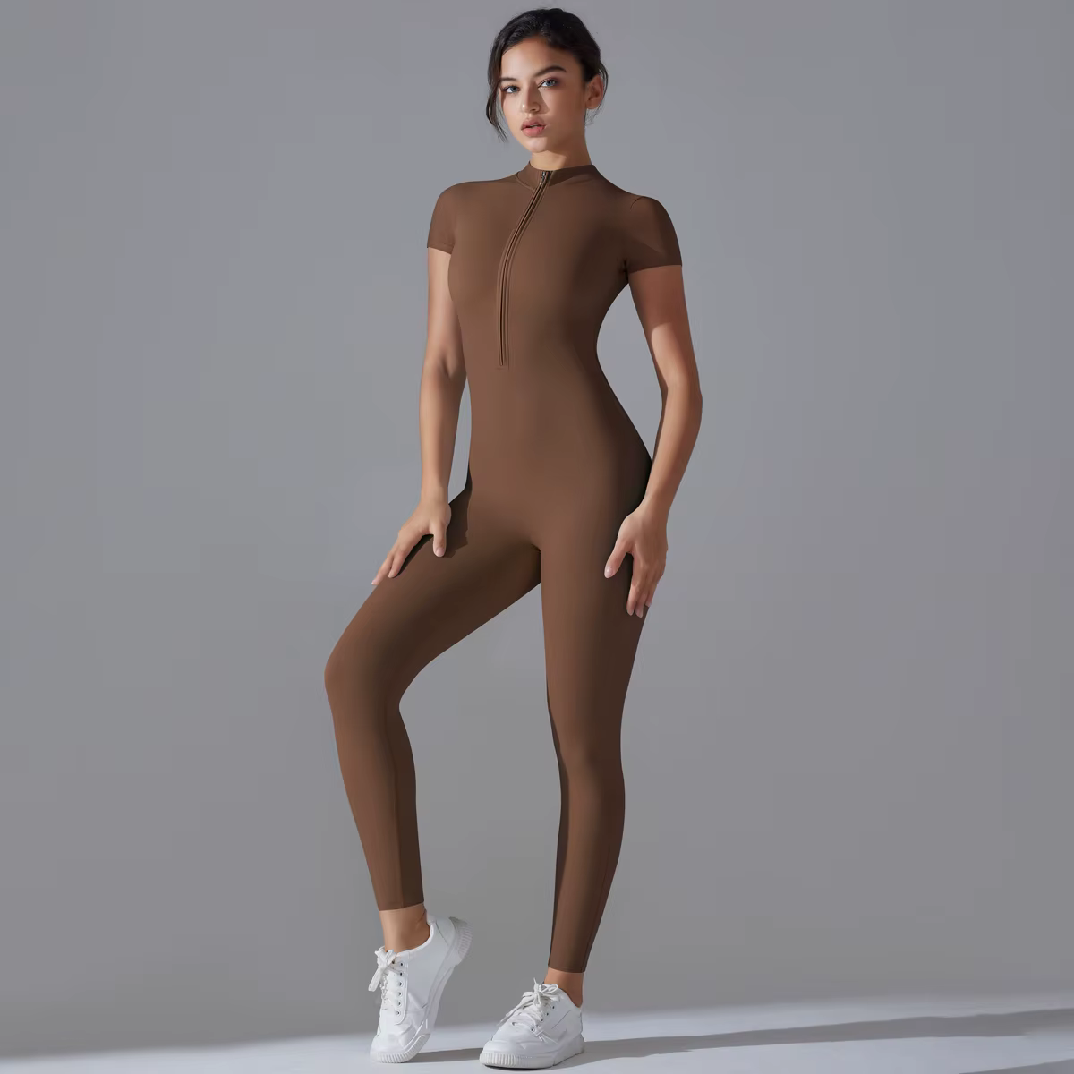 Ensemble de Yoga, combinaisons une pièce pour femmes, fermeture éclair, manches courtes, vêtements d