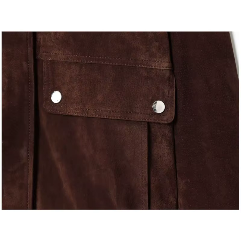 Femmes veste en cuir suédé avec poches automne mode col haut à manches longues bouton veste dame man