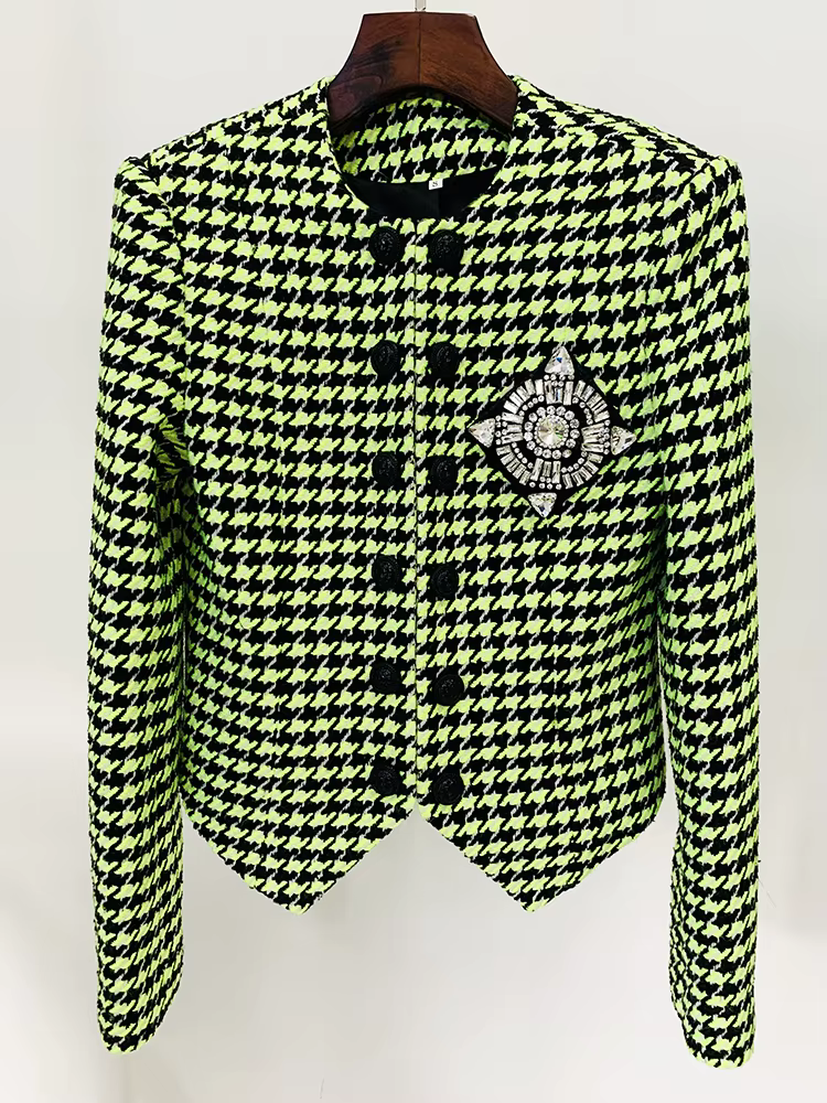 HIGH STREET Nouveauté 2026 Veste en tweed pied-de-poule perlée avec logo boutons lion, de créateur p