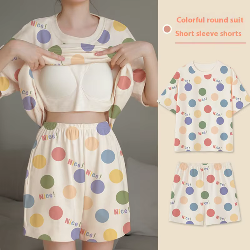 Ensemble de pyjamas à manches courtes pour femmes, doux avec coussin de poitrine, version coréenne d