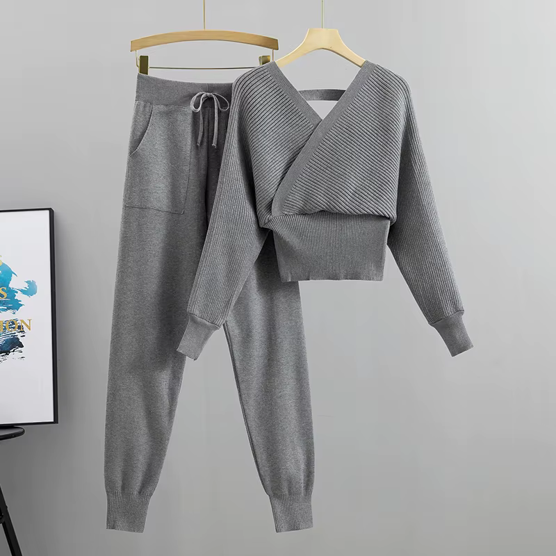 Ensemble deux pièces pour femme, survêtement élégant, Sexy, Style coréen, tricoté, côtelé, dos nu, L