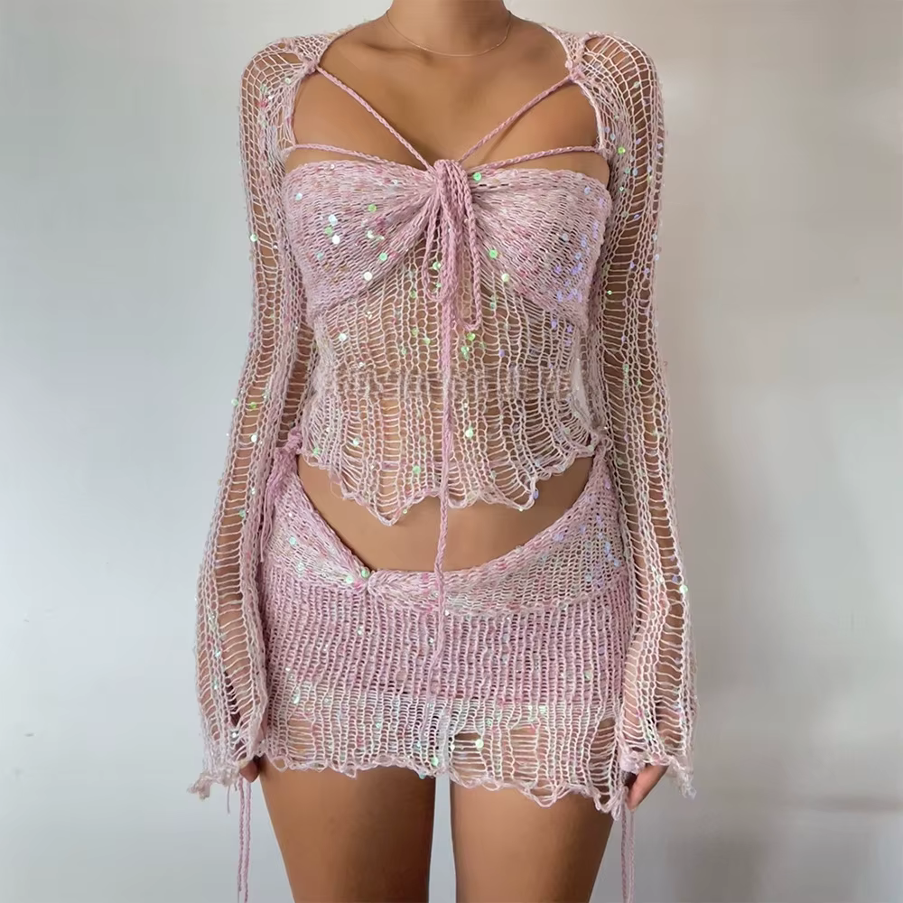 Robe tricotée au Crochet, ensemble jupe deux pièces, vêtements d'hiver pour femmes, haut court Sexy,
