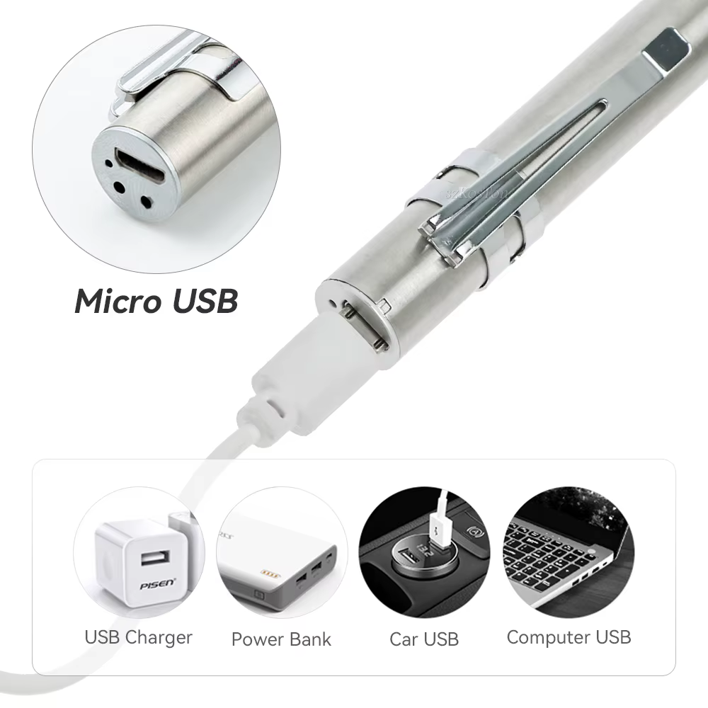 Mini lampe de poche médicale portable aste par USB avec pince en acier inoxydable, lampe torche LED 