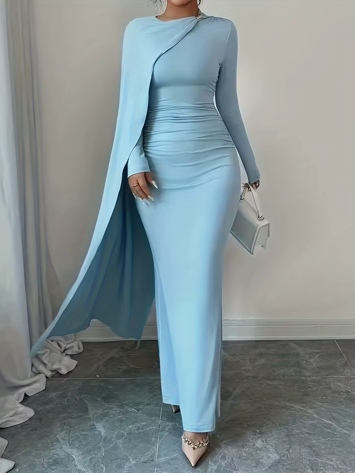 Robe moulante asymétrique asymétrique épaule dénudée, taille haute, élégante, manches longues, adapt
