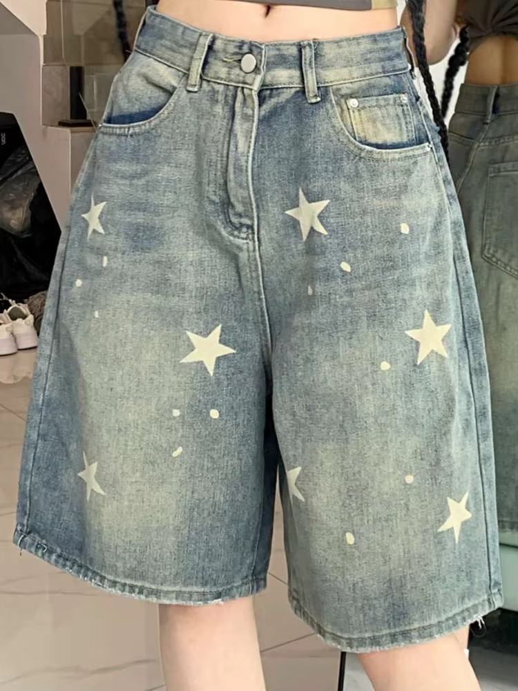 Femmes taille haute américain rétro lavé jambe large jean filles rue faire vieille étoile pantalon e