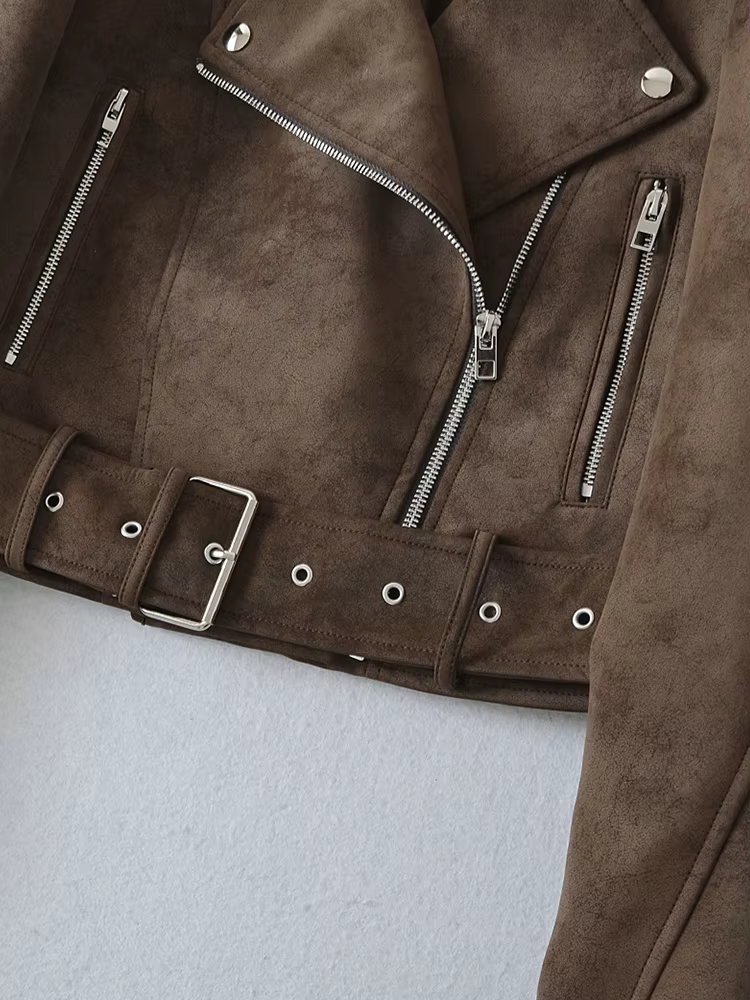 Ailegogo printemps automne femmes Vintage lâche faux cuir veste streetwear femmes Vintage moto ceint