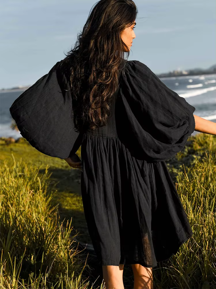 Robe plissée à col en V pour femmes, robes courtes à lacets, robe de plage élégante, manches lantern