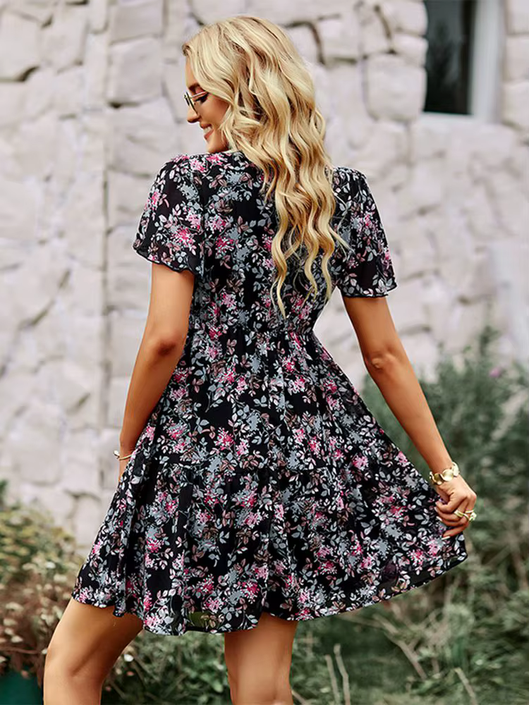 Msfilia mode robe florale femmes printemps automne col en V à manches courtes ample Chic robes impri