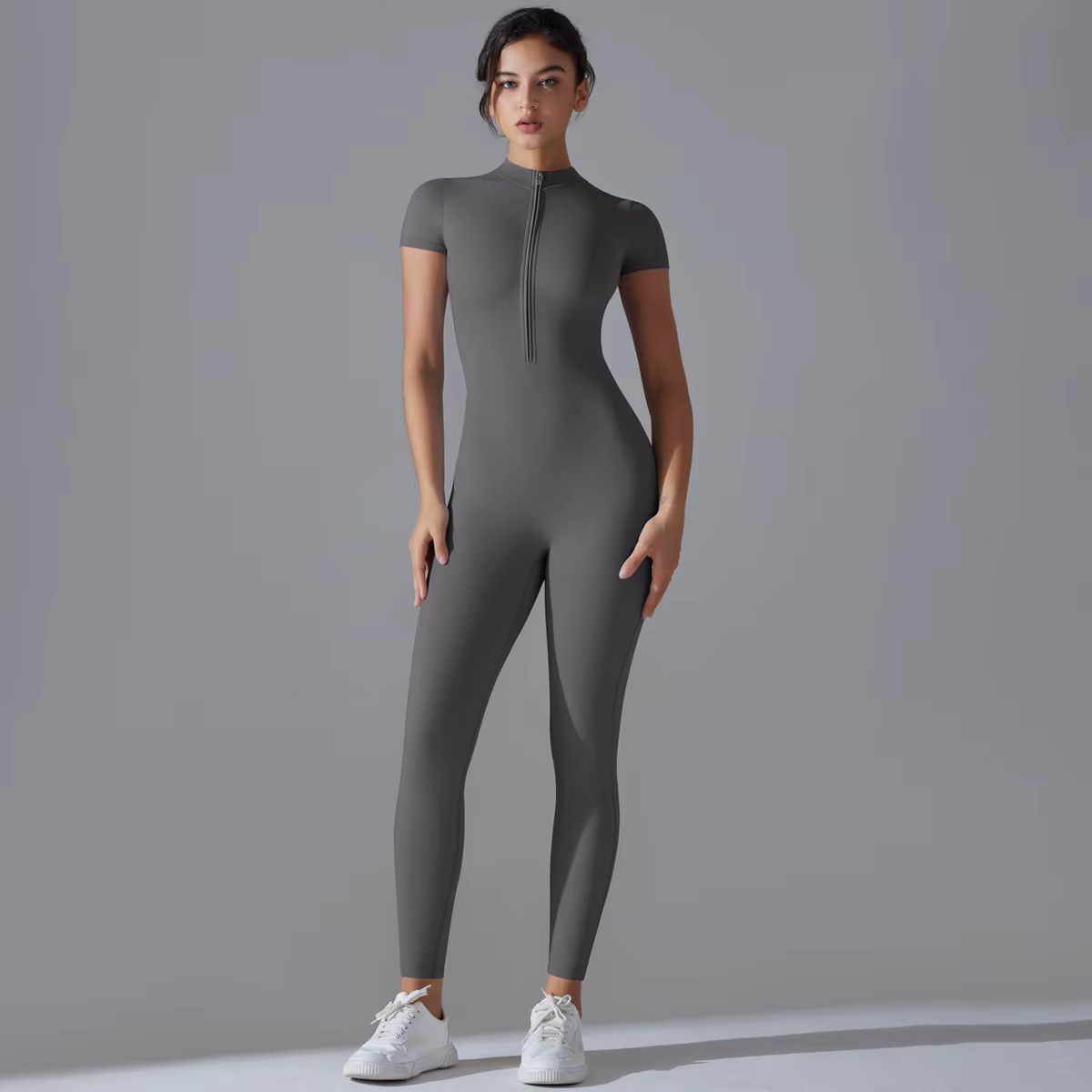 Ensemble de Yoga, combinaisons une pièce pour femmes, fermeture éclair, manches courtes, vêtements d