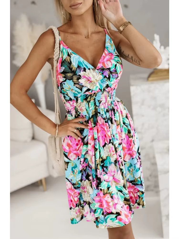 Robe d'été plissée ronde pour femmes, nouvelle mode, imprimé floral, sexy, bretelles spaghetti, robe