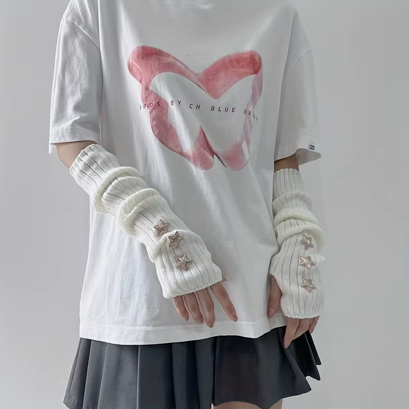 1 paire de gants sans doigts pour femmes, avec décoration d'étoiles, blanc/noir/rose, lavables en ma
