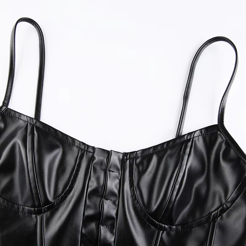 Corset femme Sexy noir en cuir PU Bustier haut court mode dame sans manches sangle Camis Clubwear ét