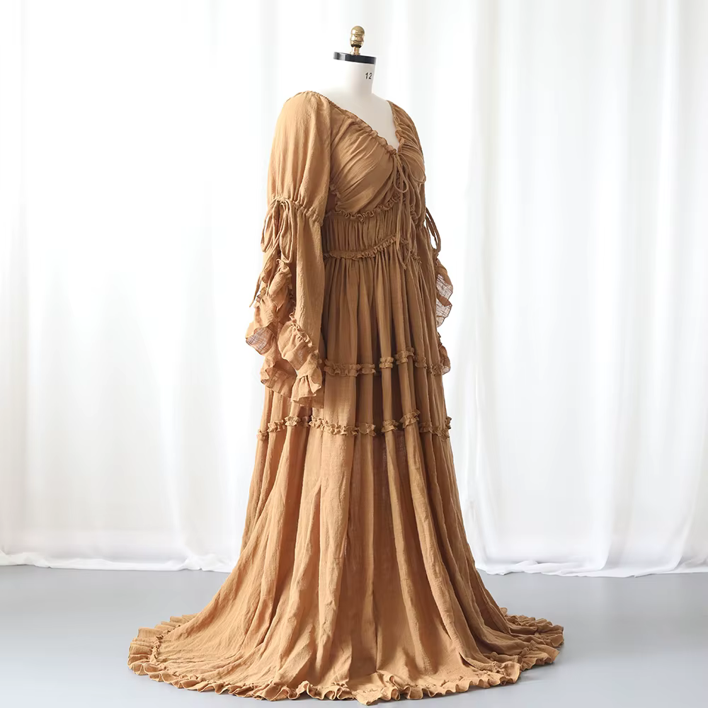 Robe de maternité fluide style Boho, manches longues, à volants, Maxi, robe de grossesse, réception-