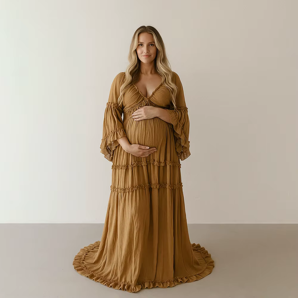 Robe de maternité fluide style Boho, manches longues, à volants, Maxi, robe de grossesse, réception-
