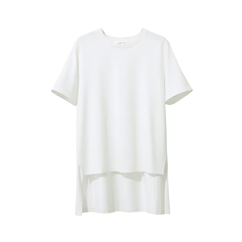 T-shirt Amii Femme Été 2026 Nouveau Col Rond Fente Latérale Coton Broderie Lettre Dentelle Accent Te