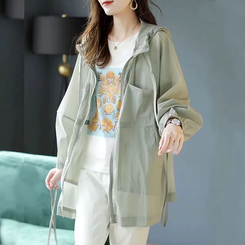 Lightweight Hooded Sunscreen Jacket Women's Mid-Long White Windbreaker Waist-Breathable Summer 2022 