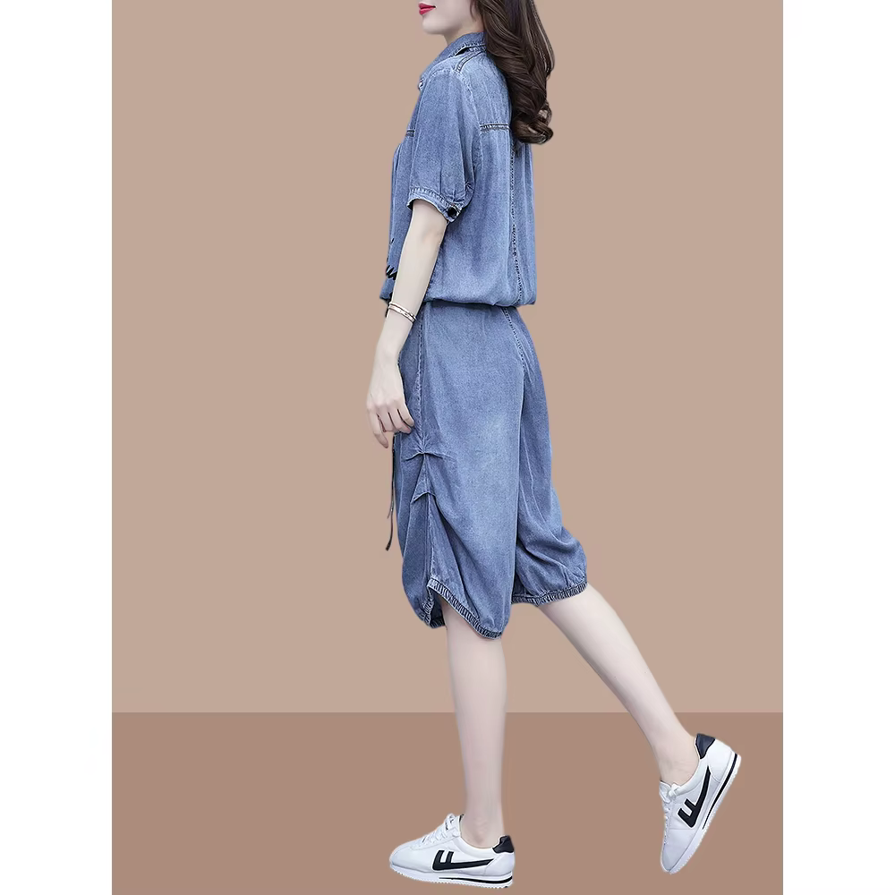 Ensemble 2 pièces en denim imbibé pour femme, haut imprimé, taille élastique, pantalon longueur moll