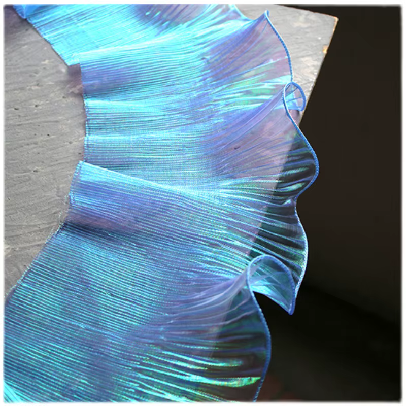 Tissu en dentelle bleue plissée effet sirène, 1 mètre, Lustre néon Laser pour femmes, robe de 15CM d