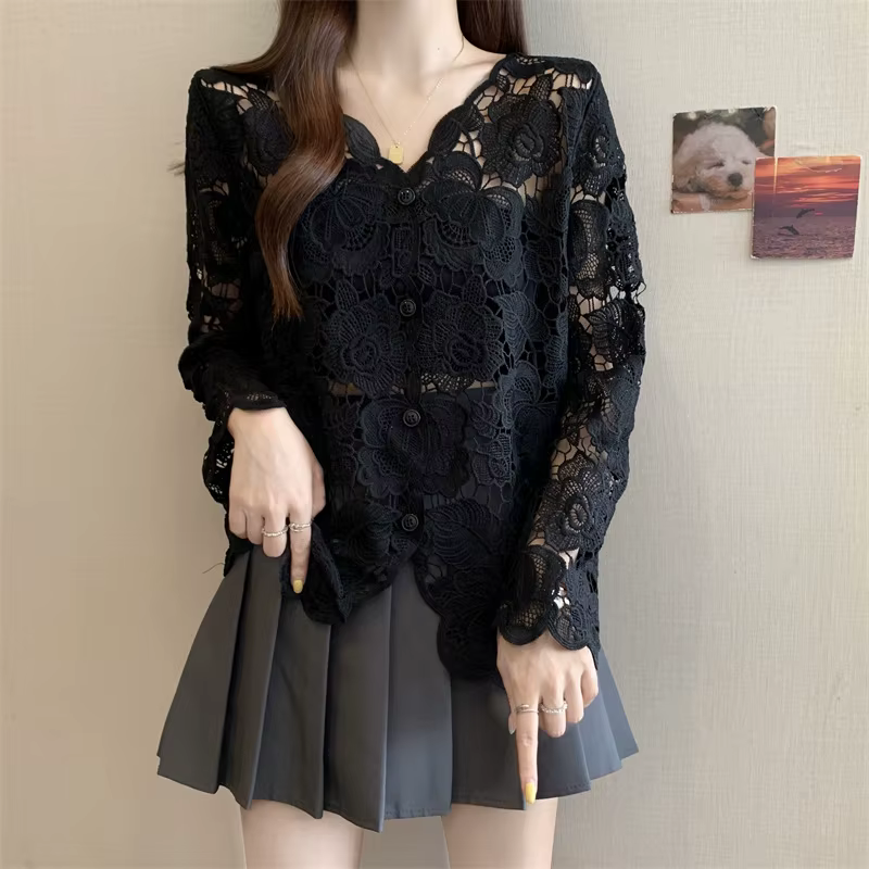 Boring Honey grande taille dentelle Crochet évider col en v chemise à manches longues femmes à la mo