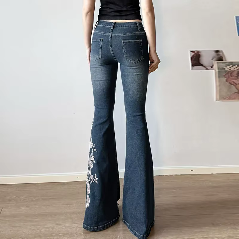 Jean Baggy rétro Y2k pour femmes, broderie florale, Vintage des années 2000, taille basse, pantalon 