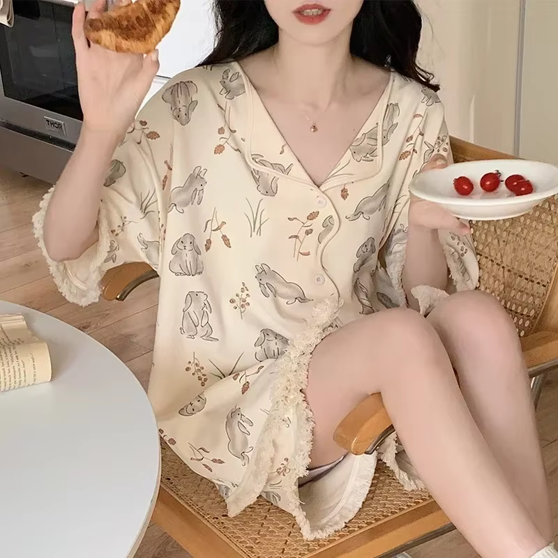Ensemble de pyjama coréen pour femmes, vêtements de détente d'été, vêtements de nuit pour filles, do