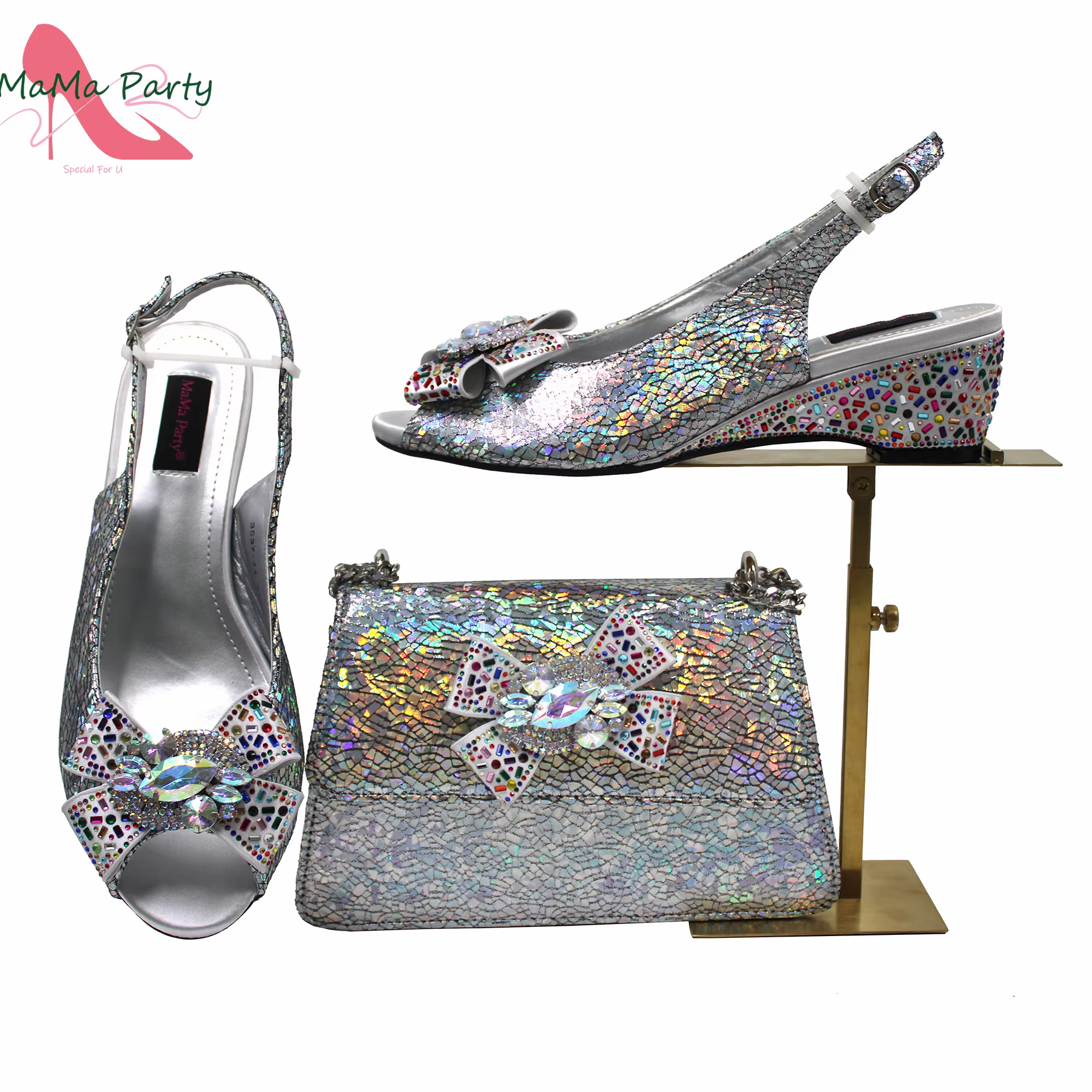 Chaussures en cristal brillant pour femmes africaines, avec des Appliques à talons mi-hauts, sac ass