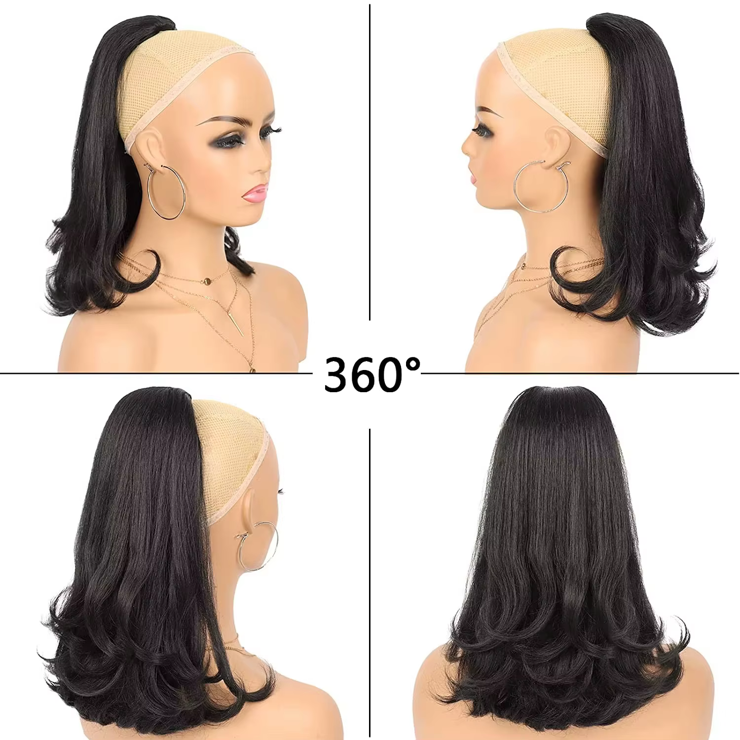 Queues de cheval synthétiques noires avec cordon de serrage, 16 pouces, Extensions capillaires Yaki